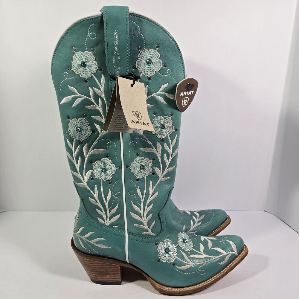 Ariat Romance Floral Embroidered Turquoise Tall Western Boots Womens 8 B Med